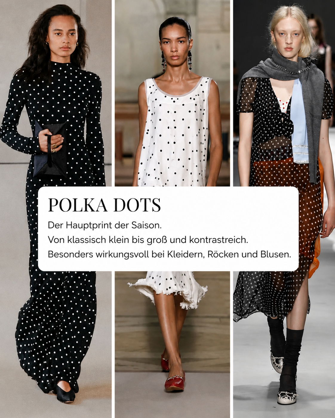 Drei Runway-Looks mit Polka-Dot-Mustern in Schwarz-Weiß und transparenten Stoffen.