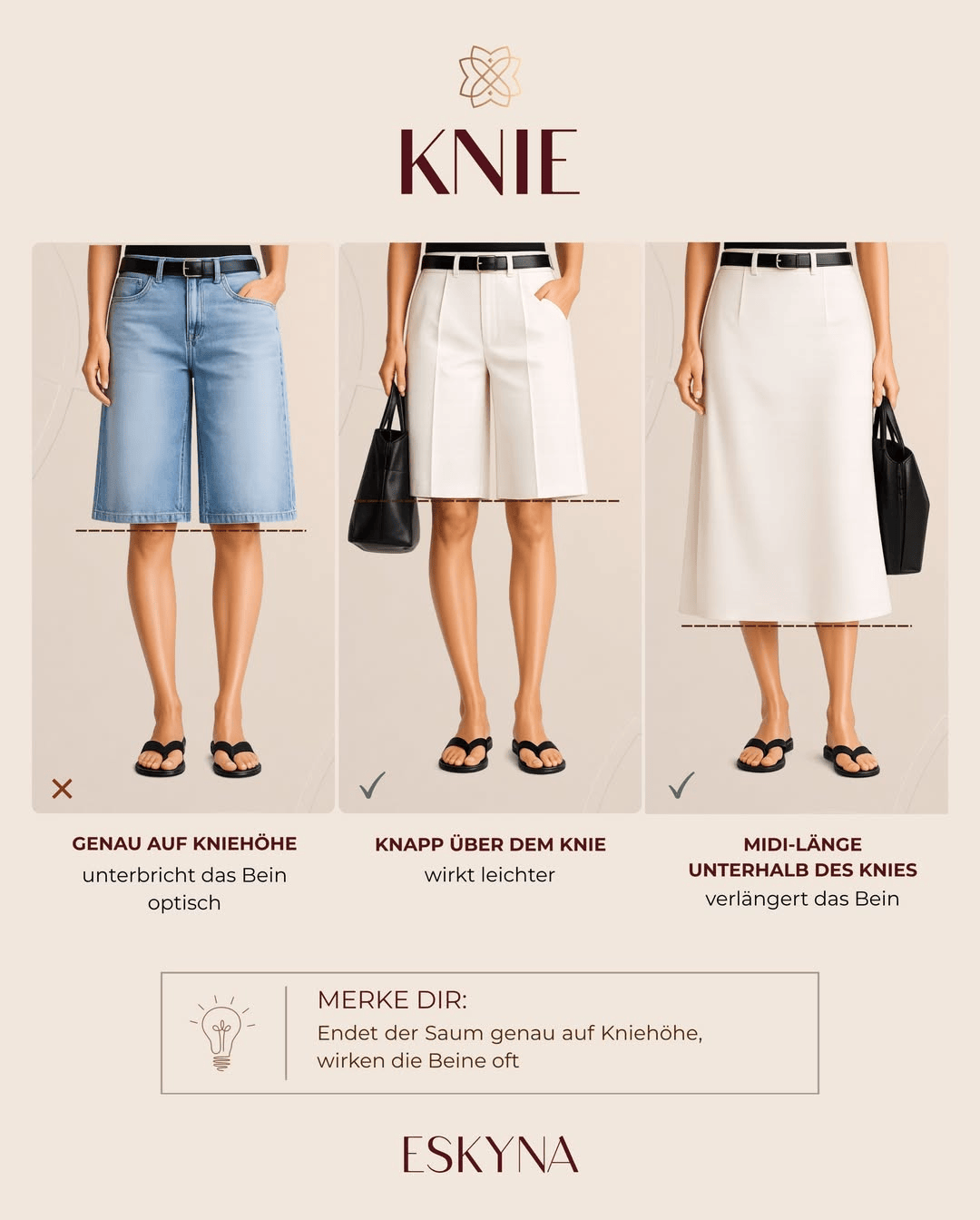 Vergleich von Rocklängen auf Kniehöhe, knapp über dem Knie und unterhalb des Knies.