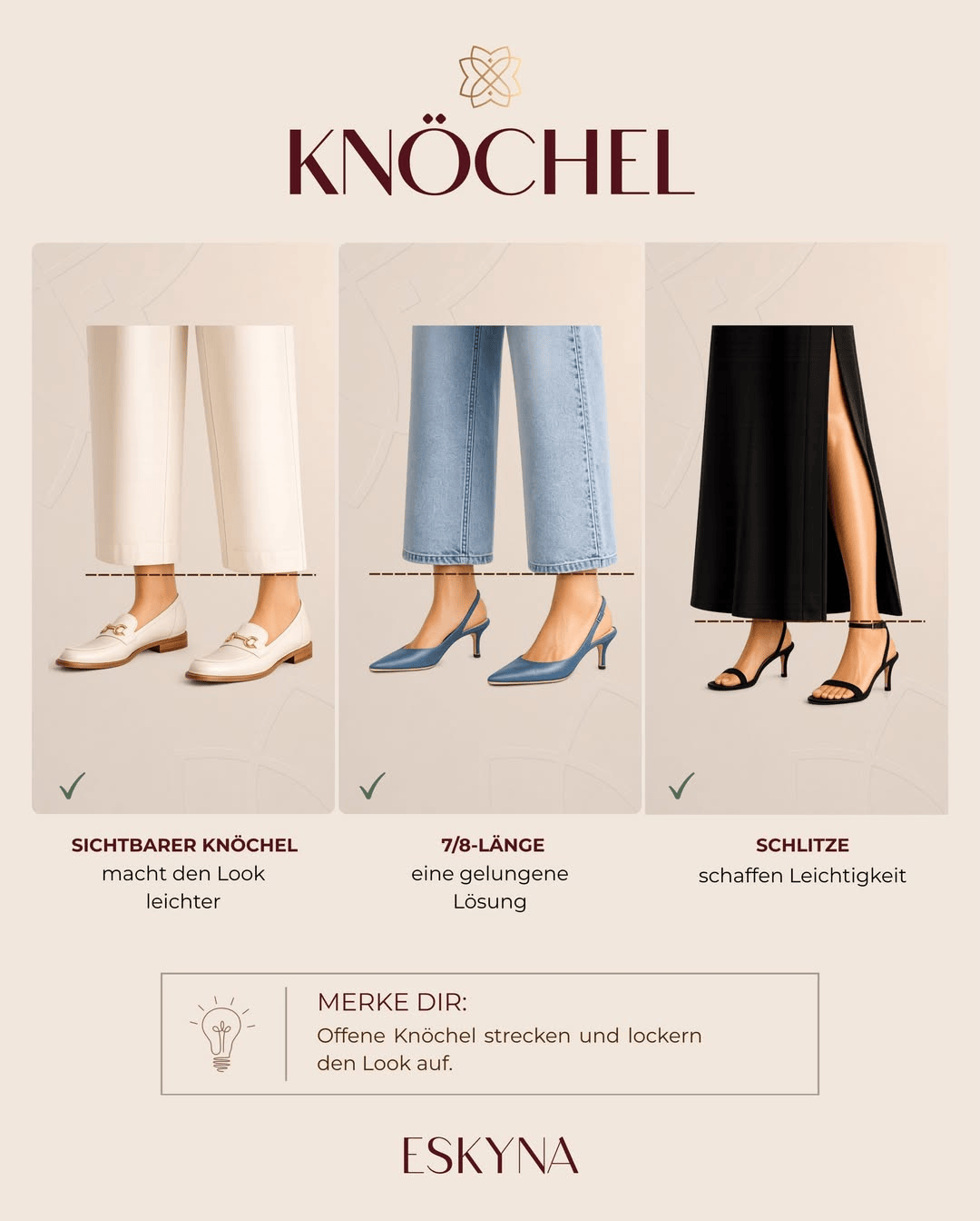 Sichtbare Knöchel, 7/8-Länge und Rock mit Schlitz zeigen, wie ein Look leichter wirkt.