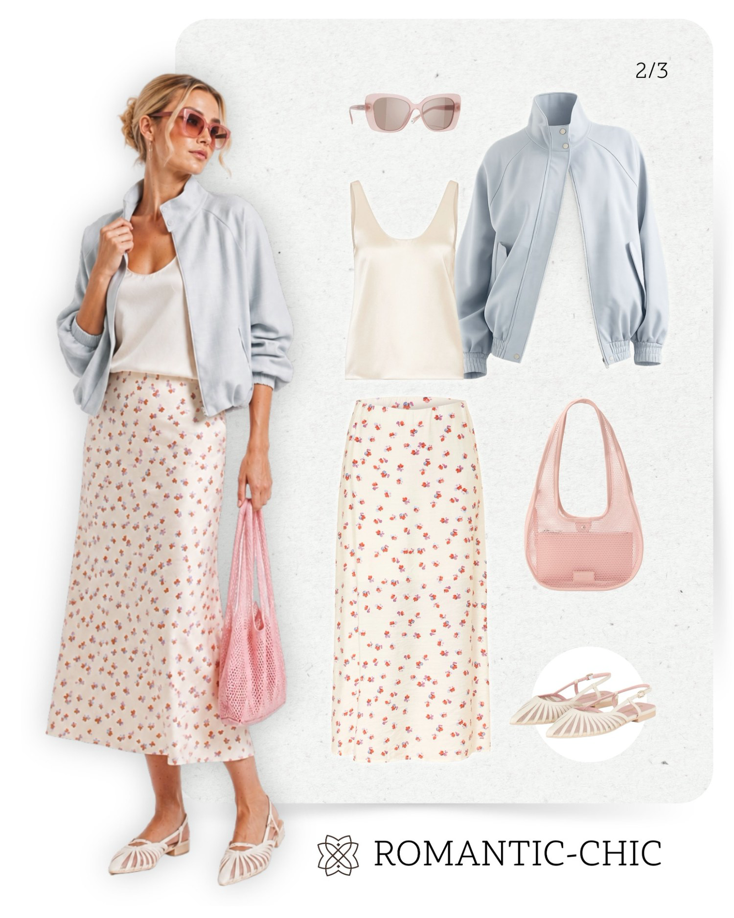 Romantic-Chic Outfit mit floralem Rock und rosa Tasche