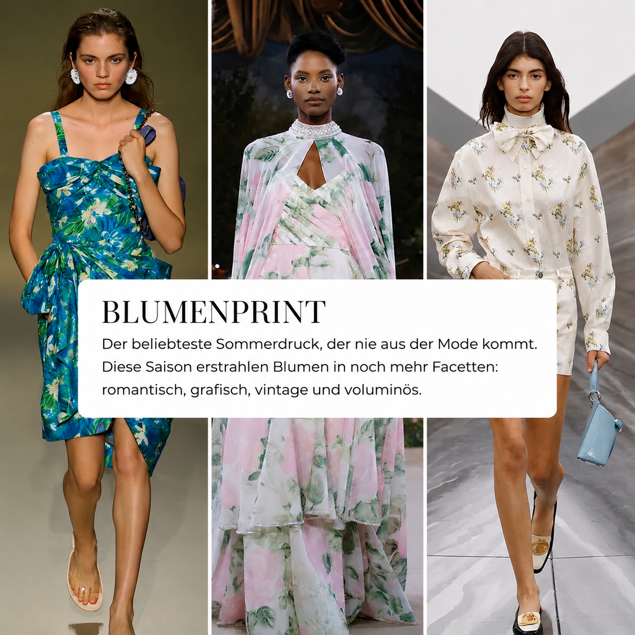 Drei sommerliche Looks mit floralen Mustern, von kräftigen Blumenprints bis zu zarten Blusenmustern.