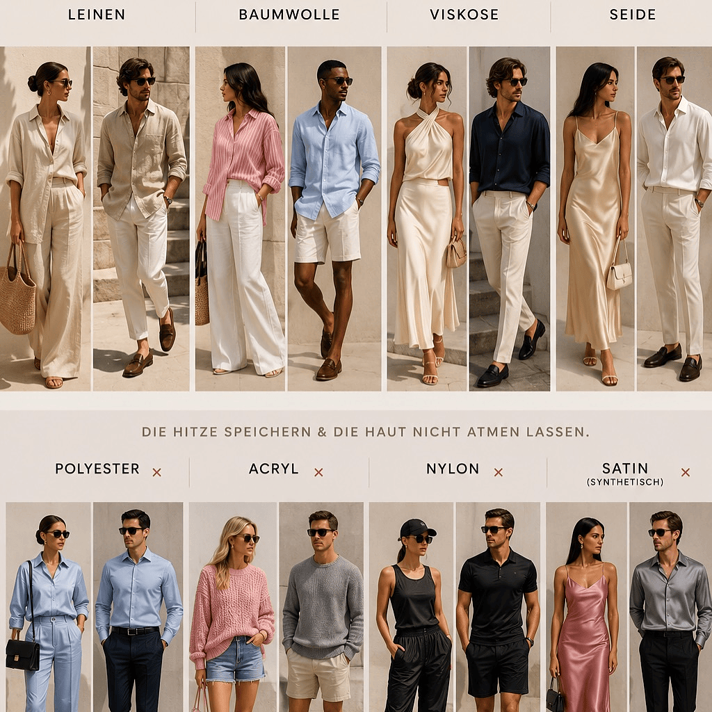 Übersicht mit Sommerstoffen wie Leinen, Baumwolle, Viskose und Seide sowie weniger hitzefreundlichen Materialien wie Polyester, Acryl, Nylon und synthetischem Satin.