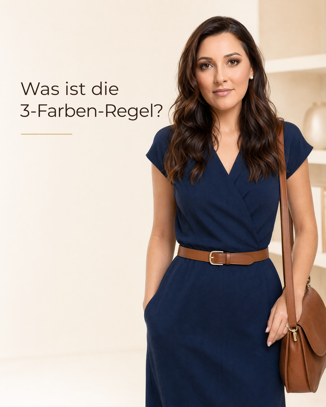 Outfit mit drei aufeinander abgestimmten Farben aus Blau, Creme und Cognac