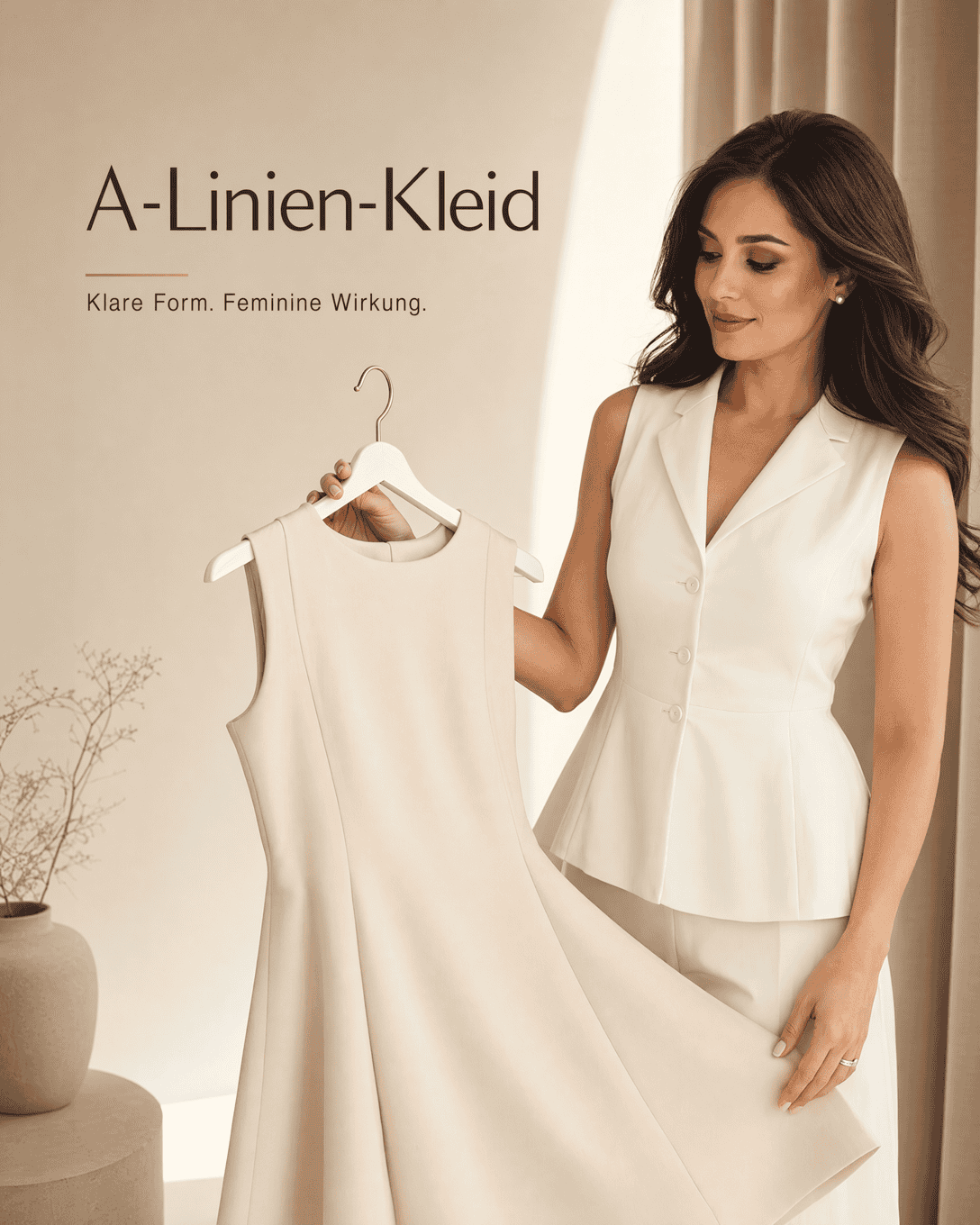 Editoriale Glossar-Grafik zu A-Linien-Kleid mit ruhigen Farbfeldern und feiner Linienführung