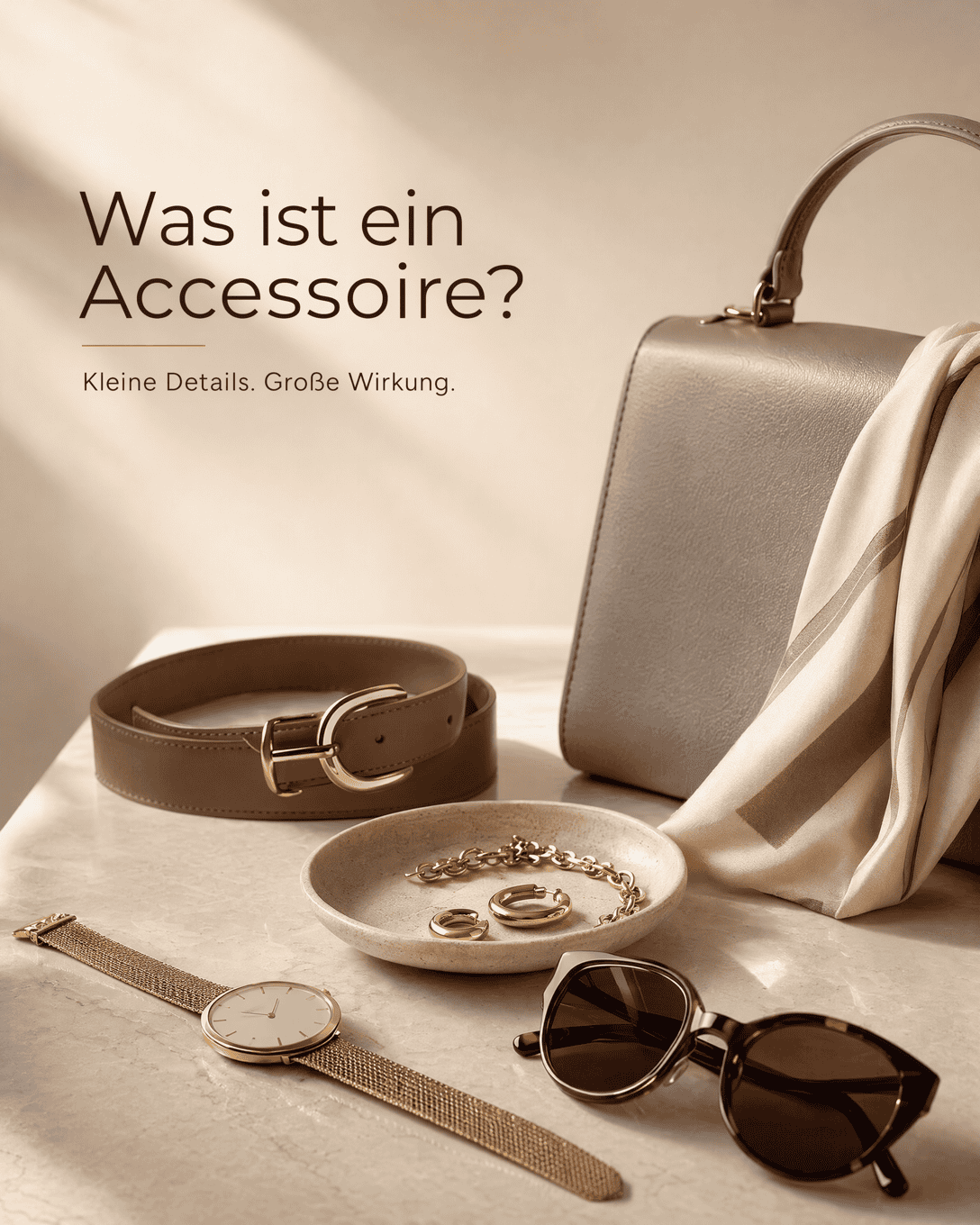 Editoriale Grafik mit Tasche, Schmuckkreis, Gürtel und ruhigen Akzentflächen
