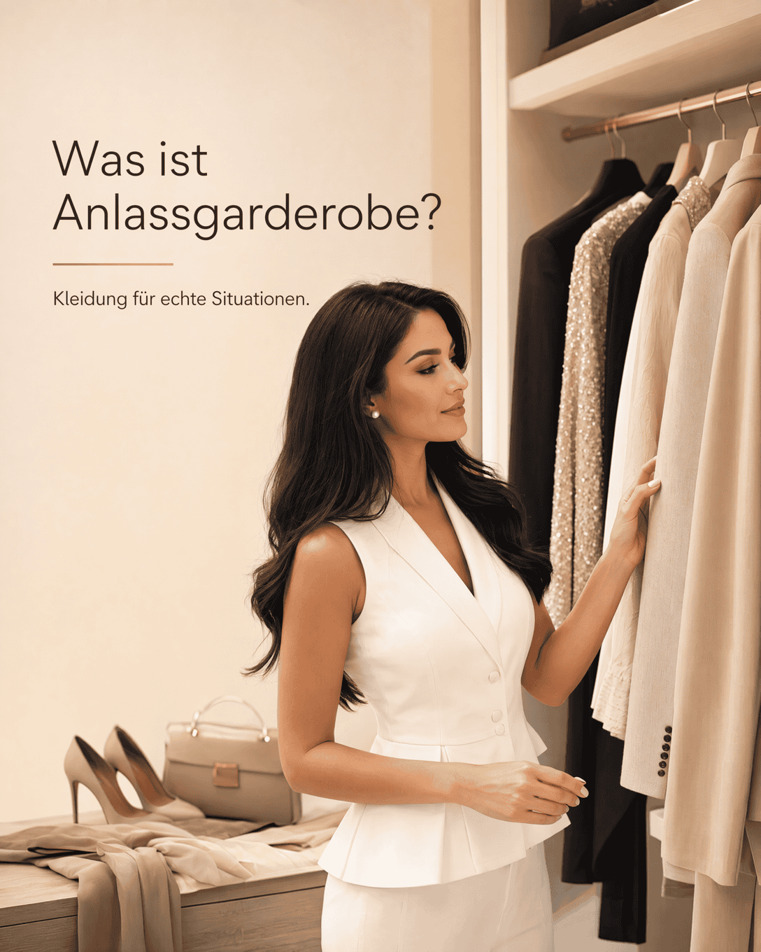 Editoriale Grafik mit drei Outfit-Kapseln für Alltag, Business und Event