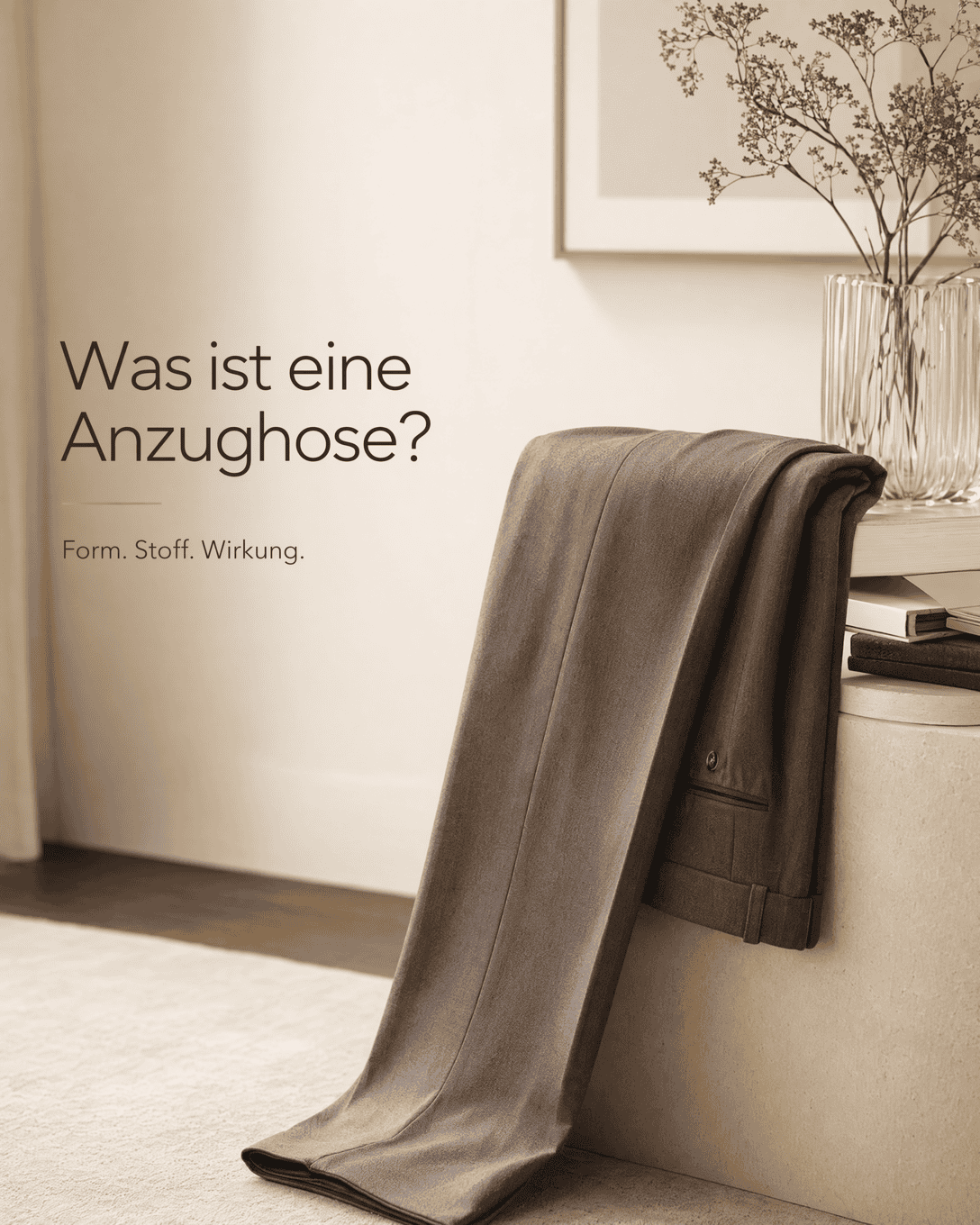 Editoriale Grafik zu Anzughose mit ruhigen Formen, Stofflinien und ESKYNA Farbwelt