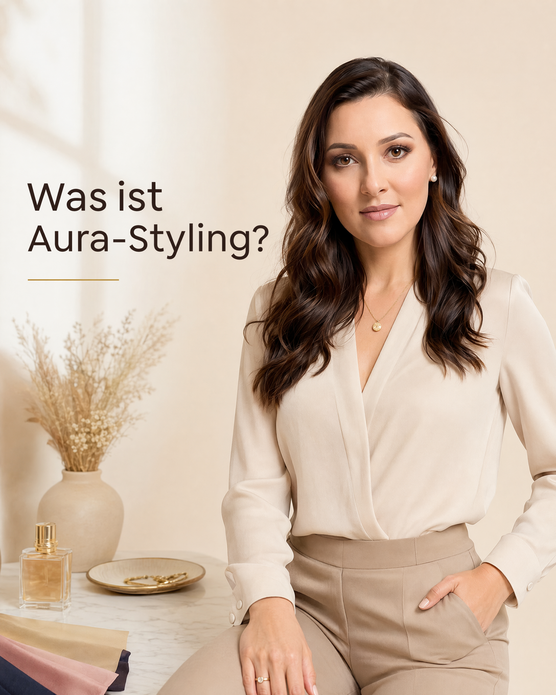 Person in einem harmonisch abgestimmten Outfit mit dezentem Schmuck und Parfumflakon