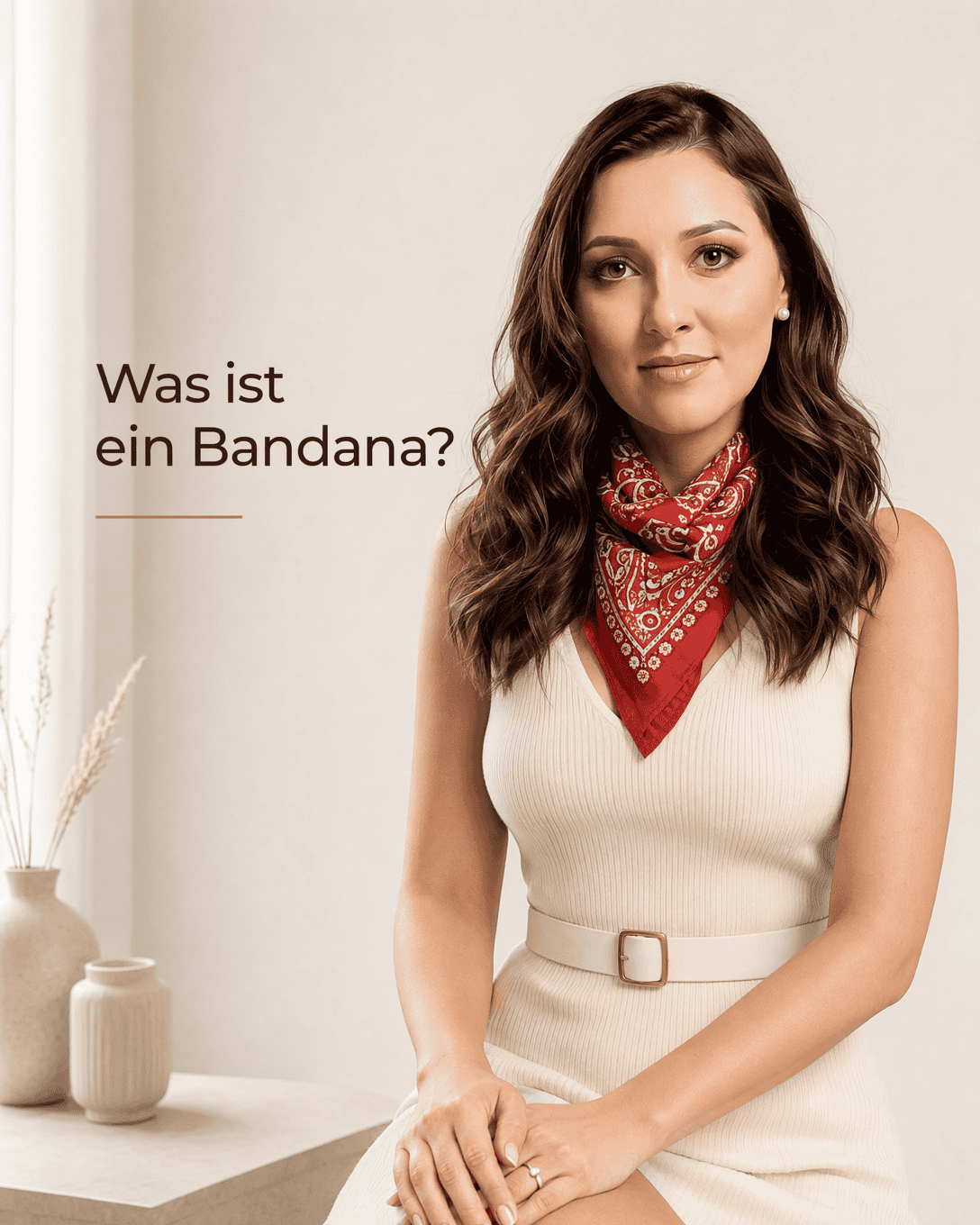 Rot gemustertes Baumwoll-Bandana locker als kleines Dreieckstuch um den Hals gebunden zu weißem T-Shirt und Jeansjacke
