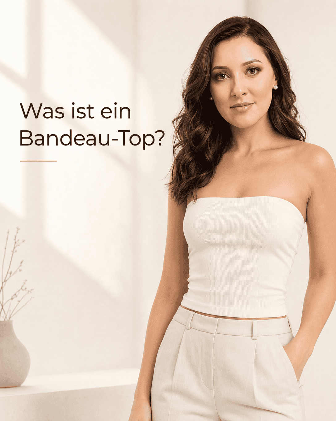 Minimalistisches cremefarbenes Bandeau-Top mit gerader Ausschnittlinie und körpernaher, trägerloser Form