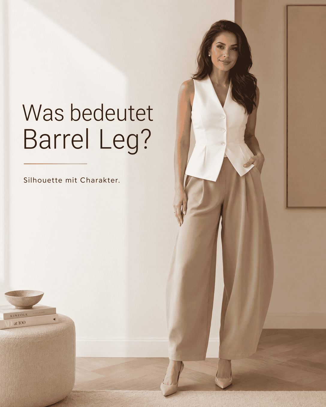 Editoriale Grafik zu Barrel Leg mit ruhigen Formen, Stofflinien und ESKYNA Farbwelt