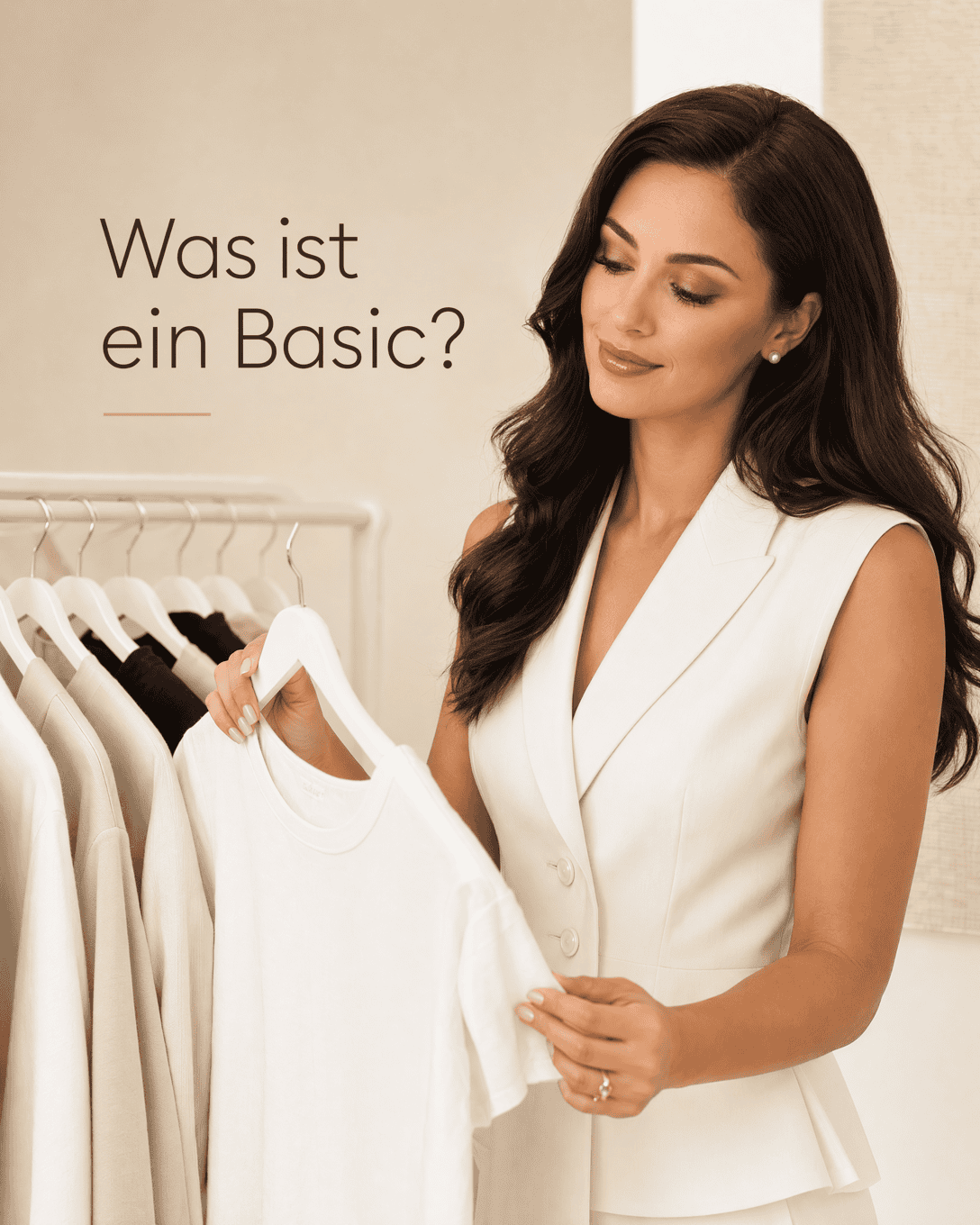 Editoriale Grafik mit schlichtem Shirt, ruhigem Farbfeld und klaren Garderobenlinien