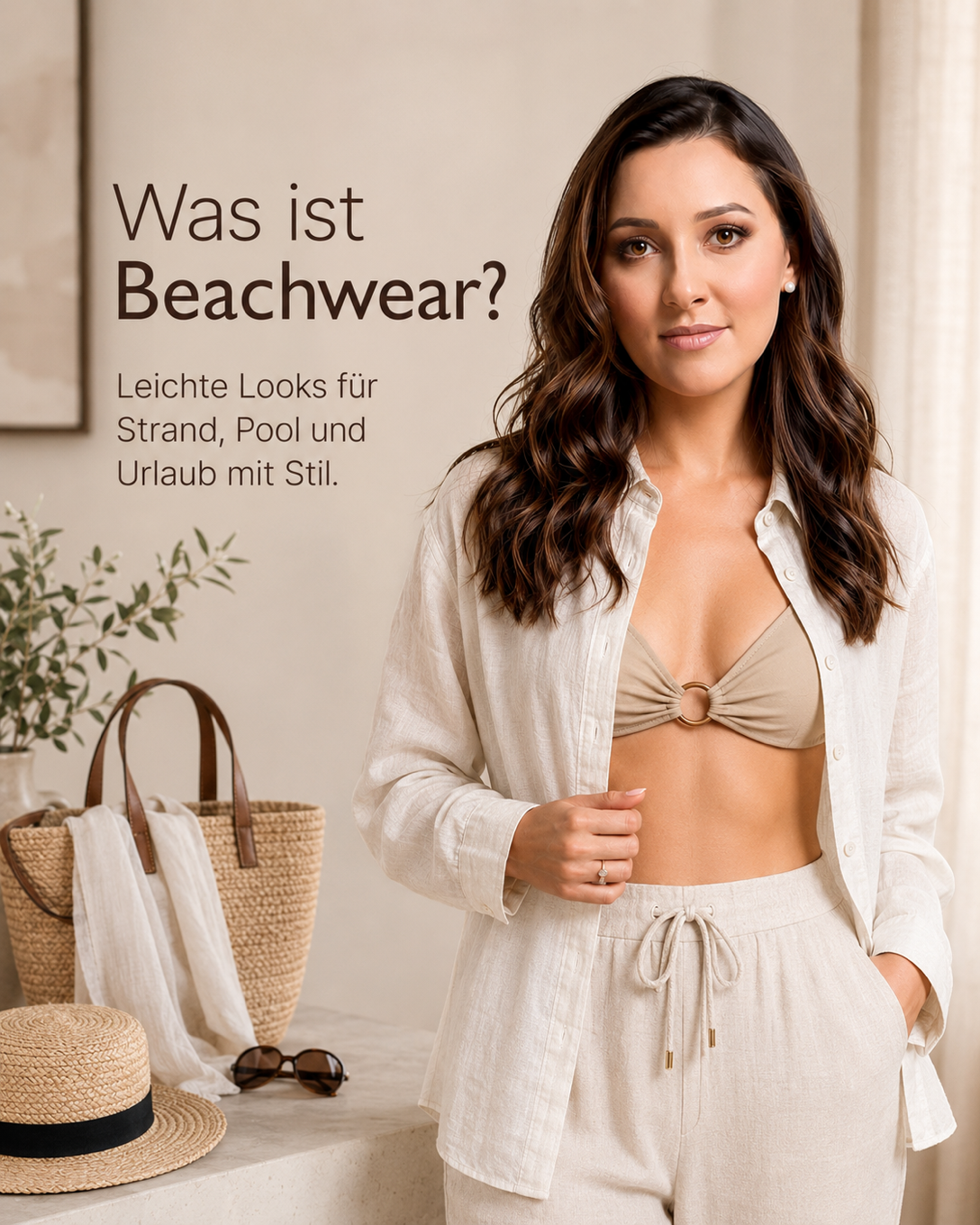 Leichte Strandkleidung mit Kaftan, Sandalen und Tasche über einem Badeanzug