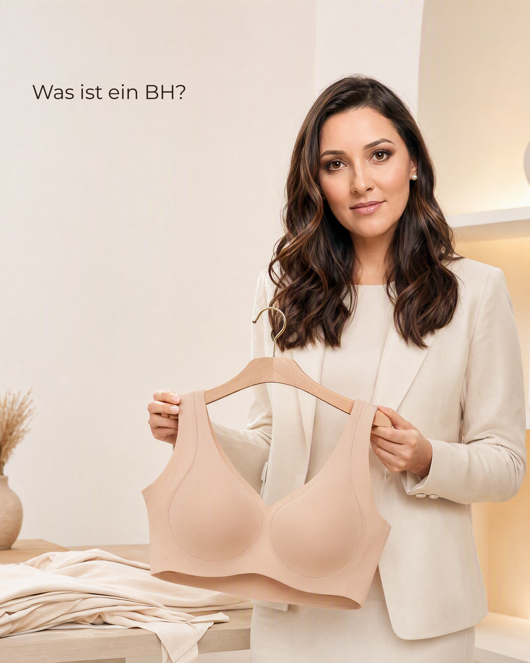 A neutral-colored bra with adjustable straps and molded cups