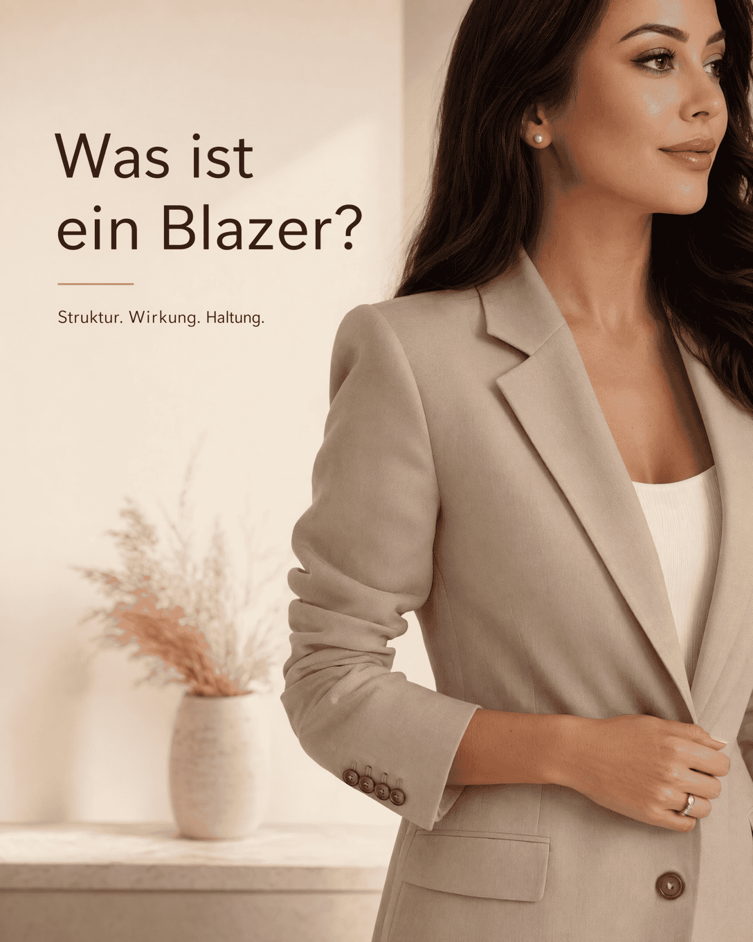 Editoriale Grafik mit stilisiertem Blazer, Revers und ruhigen neutralen Farbfeldern