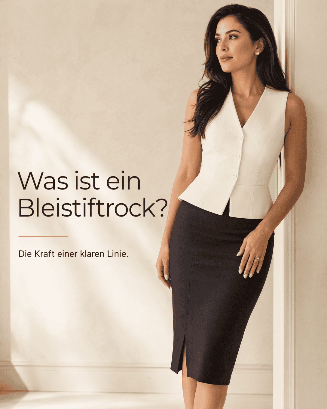 Editoriale Grafik mit stilisiertem Bleistiftrock, gerader Linie und dezentem Schlitz