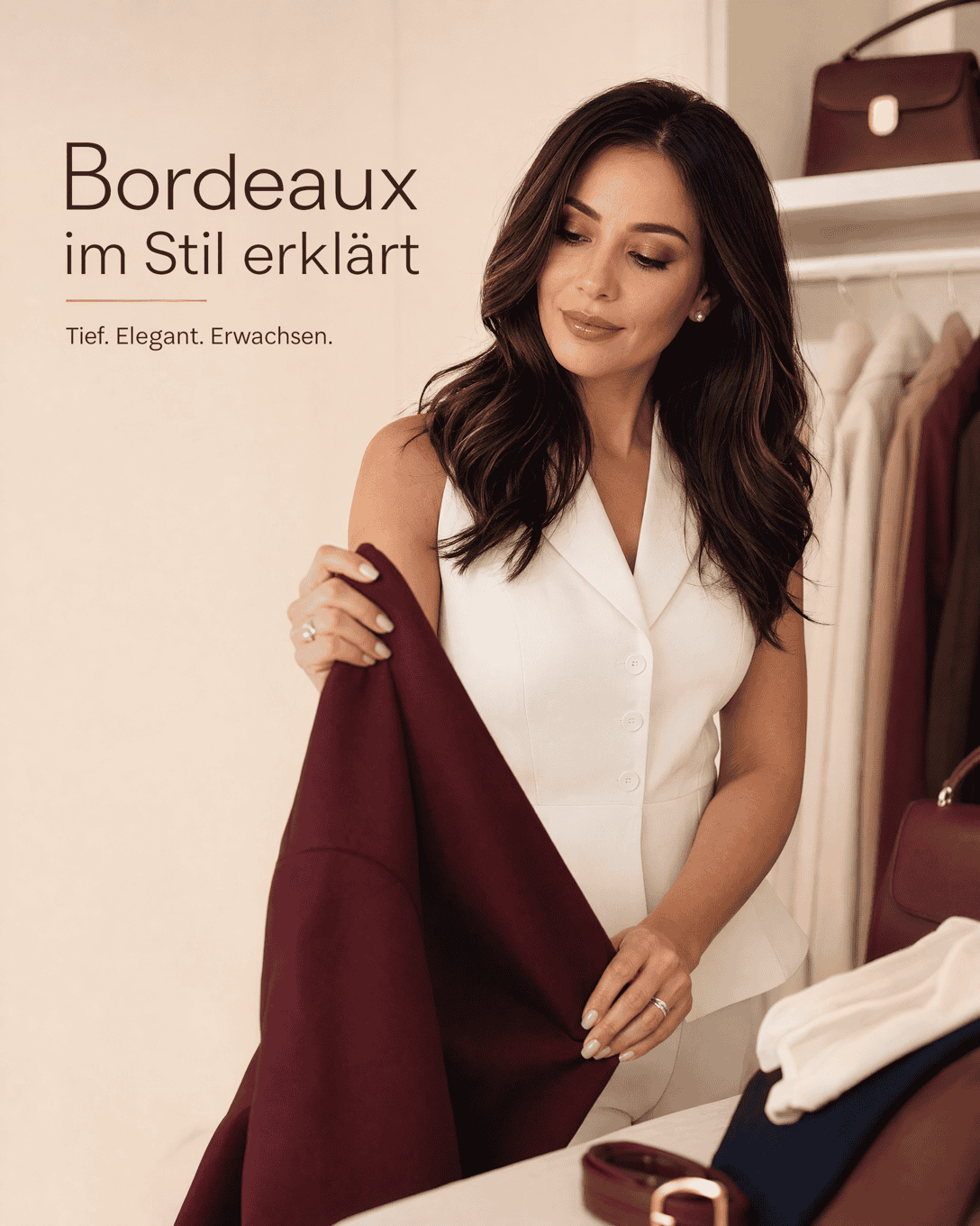 Editoriale Grafik mit Bordeaux-Nuancen, dunklen Stoffflächen und eleganten Kombinationsfarben