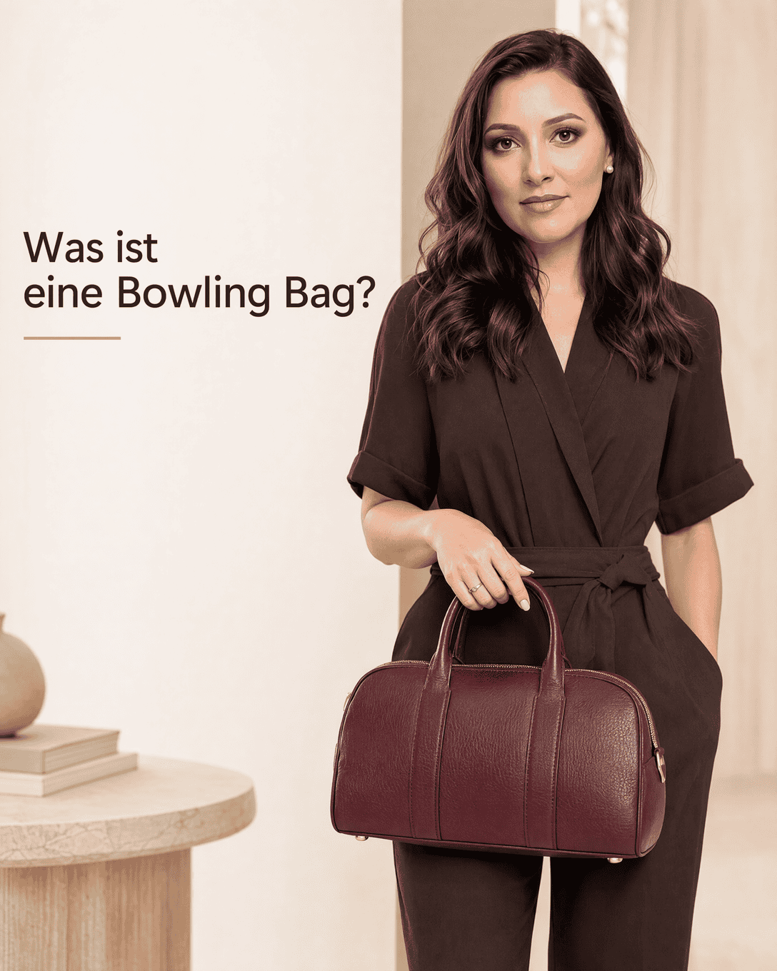 Strukturierte bordeauxrote Bowling Bag mit gewölbtem Reißverschluss, zwei kurzen Henkeln und abgerundeten Seitenteilen