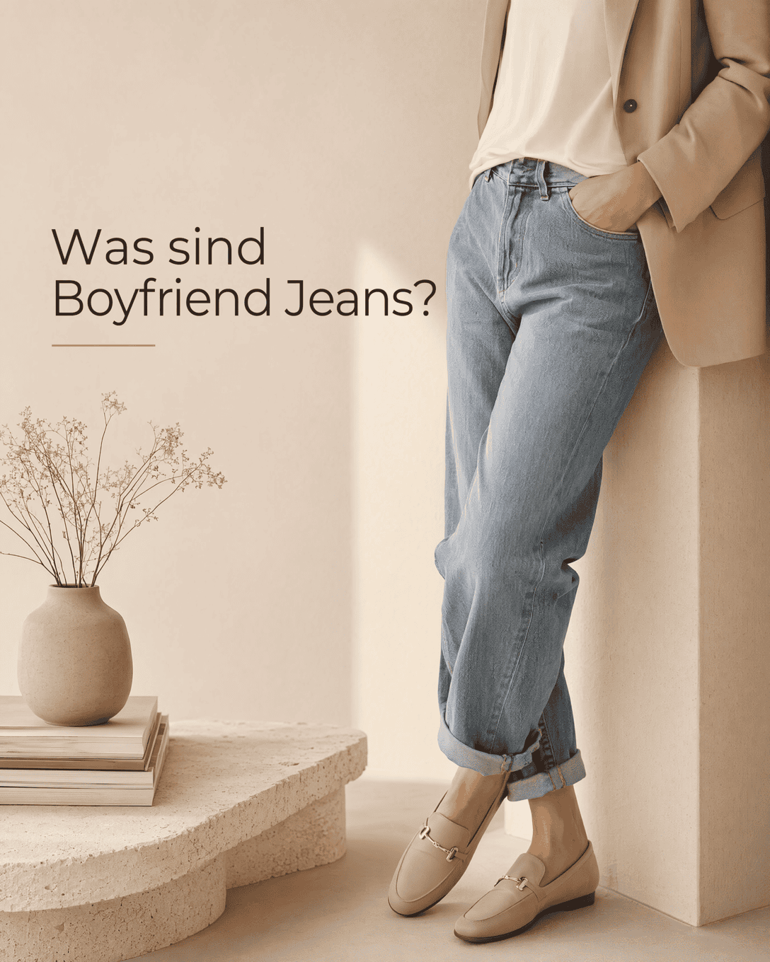 Editoriale Grafik zu Boyfriend Jeans mit ruhigen Formen, Stofflinien und ESKYNA Farbwelt