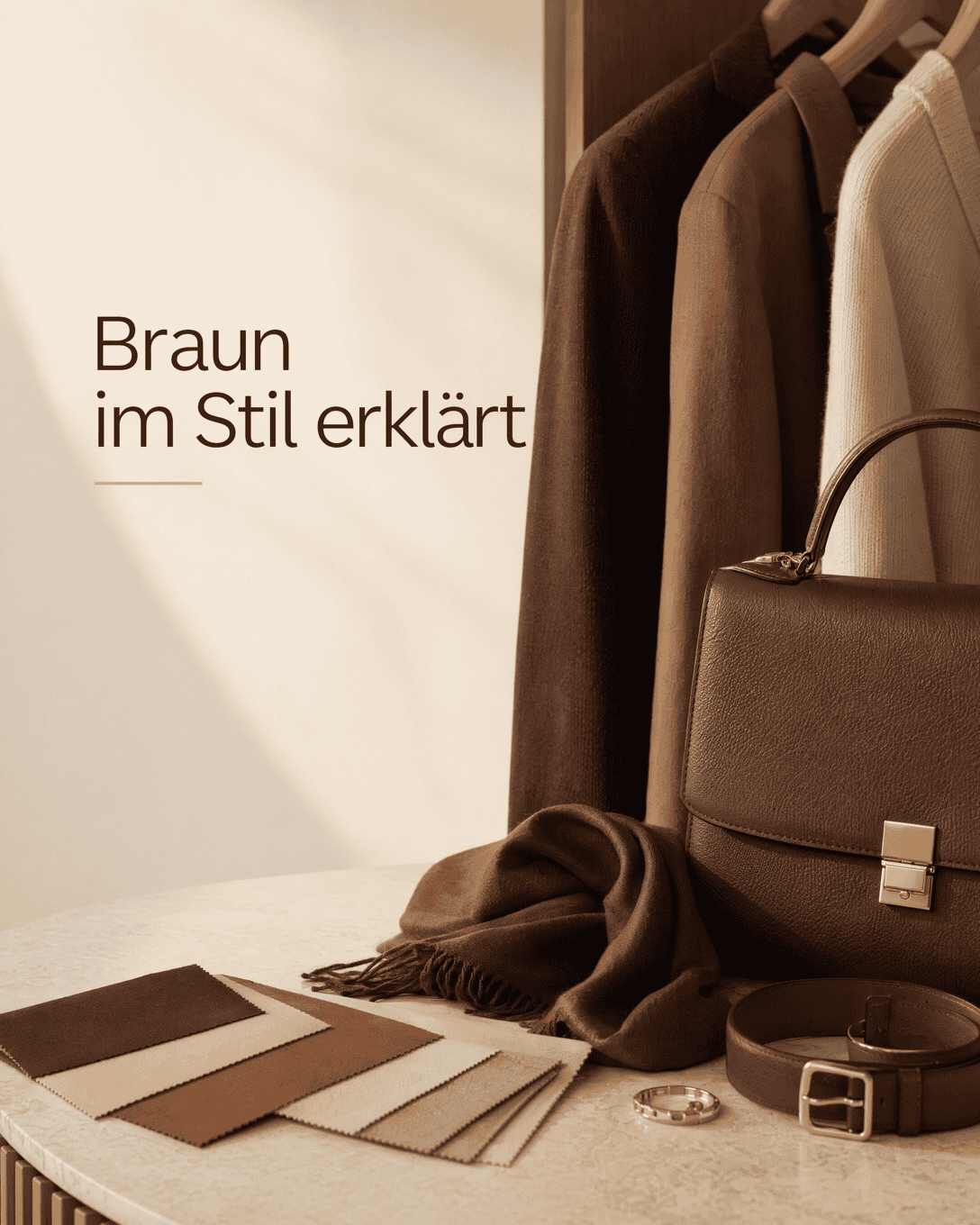 Editoriale Grafik mit Braun-Nuancen, Lederakzenten und warmen Kombinationsfarben