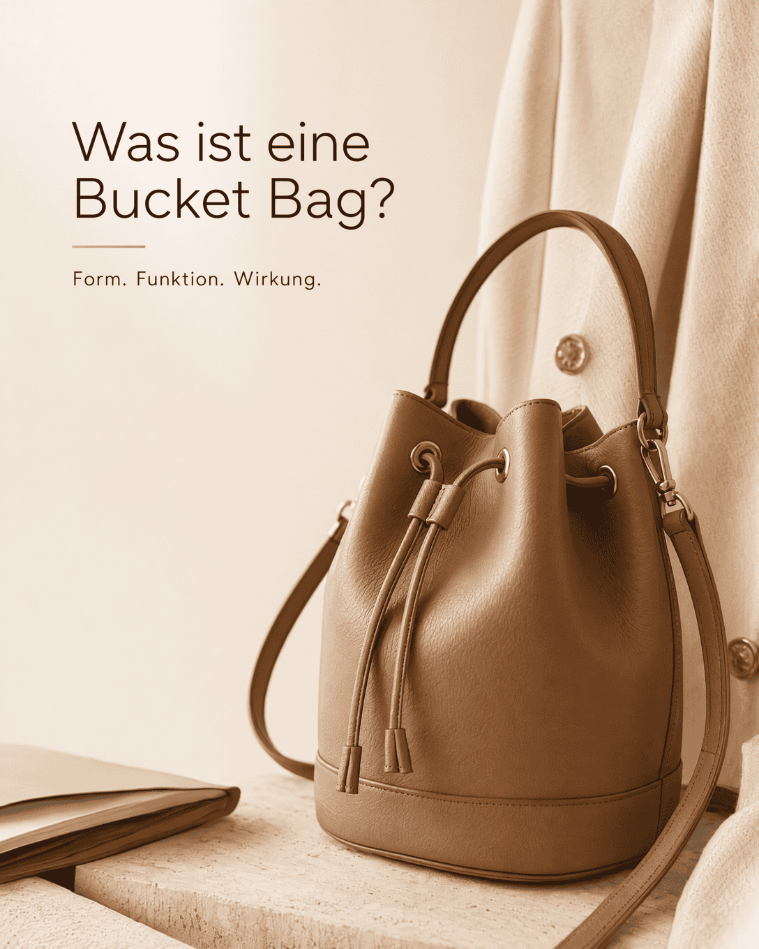 Editoriale Grafik zu Bucket Bag mit abstrahierten Formen, ruhigen Farbfeldern und hochwertiger Anmutung