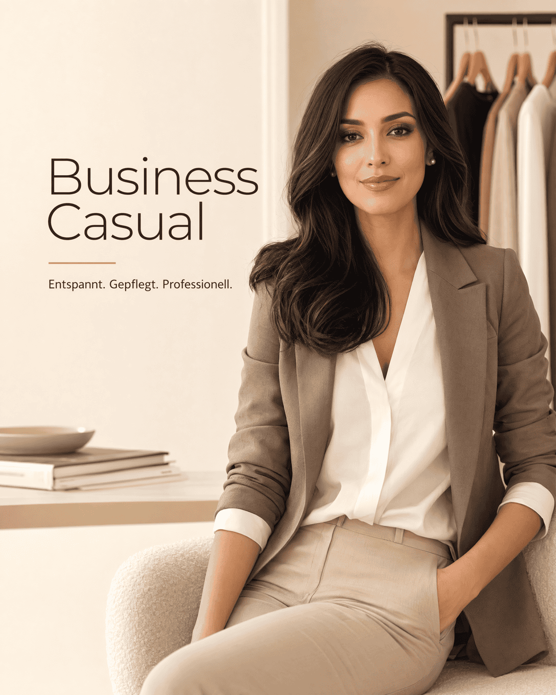 Editoriale Grafik mit Blazer, Chino-Form und ruhigen Business-Elementen für Business Casual