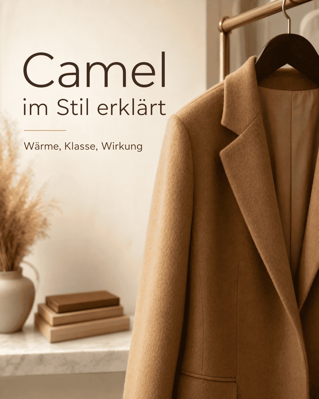 Editoriale Grafik mit Camel-Nuancen, ruhigen Farbfeldern und feiner Stoffstruktur