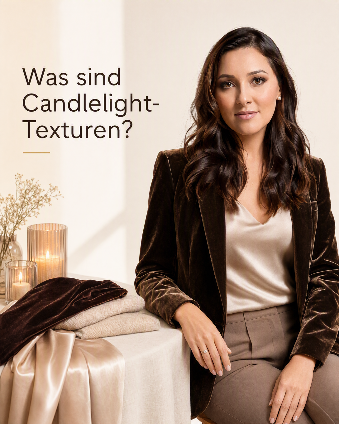 Samt, Satin und feiner Strick in warmem Kerzenlicht auf einem gedeckten Tisch