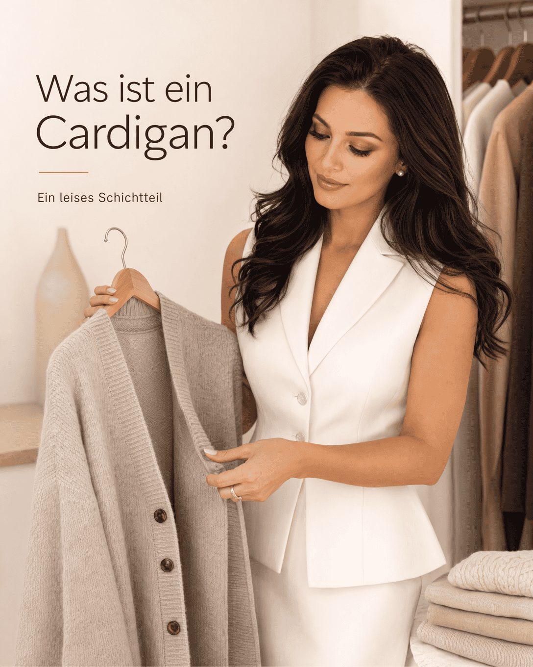 Editoriale Grafik mit offenem Cardigan, Knopfleiste, Strickstruktur und warmen Farbfeldern