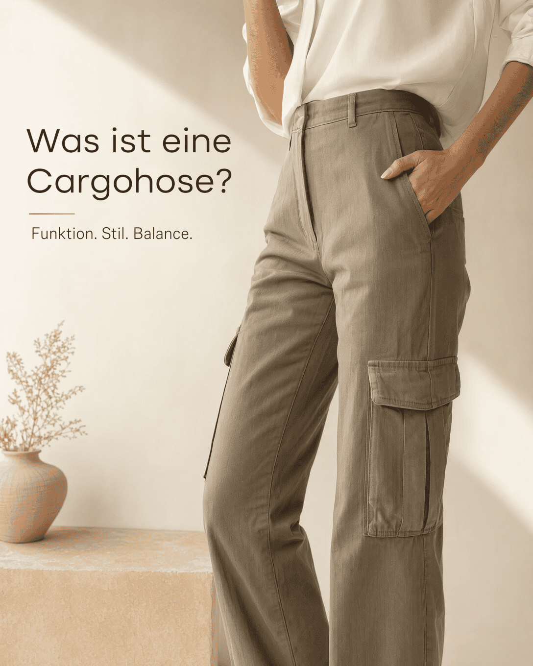 Editoriale Grafik zu Cargohose mit ruhigen Formen, Stofflinien und ESKYNA Farbwelt