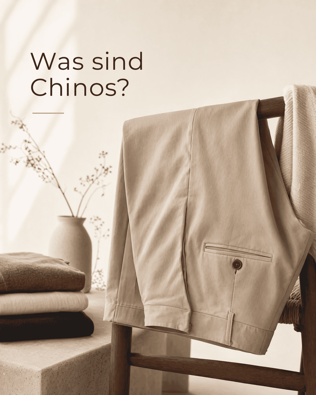 Editoriale Grafik mit stilisierter Chino-Hose, Twill-Struktur und ruhigen neutralen Farbfeldern