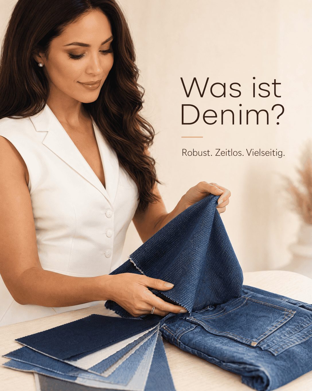 Editoriale Grafik mit Denimstruktur, Jeanstasche und blauen Stoffflächen