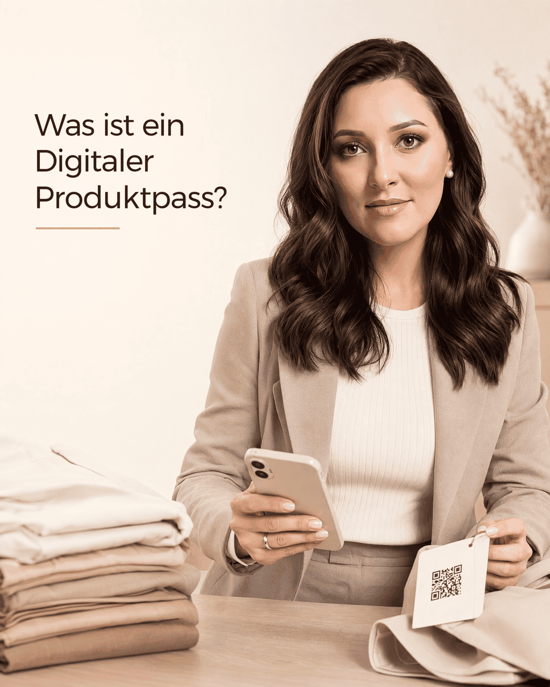 Smartphone scannt einen QR-Code an einem Kleidungsetikett und zeigt strukturierte Produktinformationen