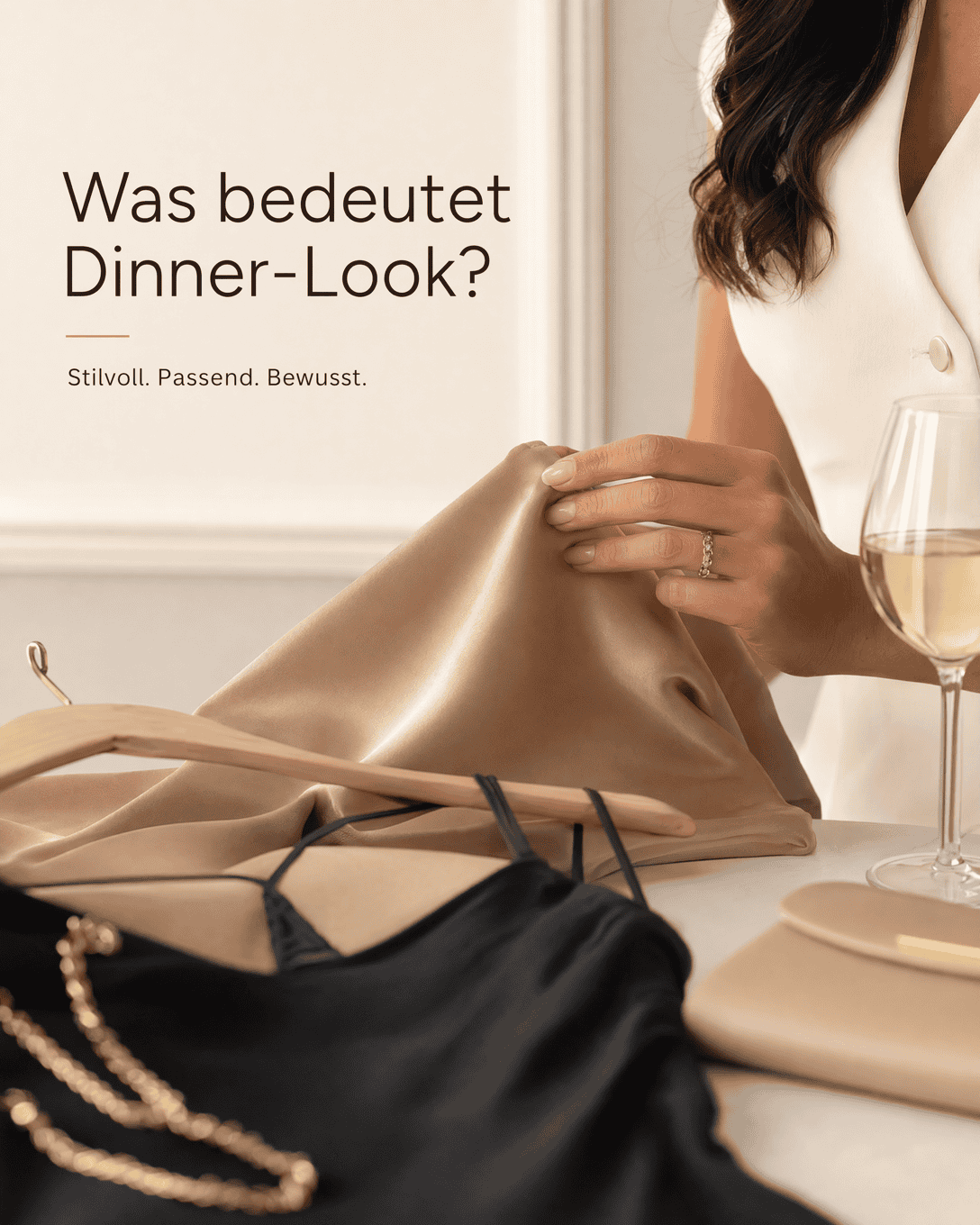 Editoriale Glossar-Grafik zu Dinner-Look mit ruhigen Farbfeldern und feiner Linienführung