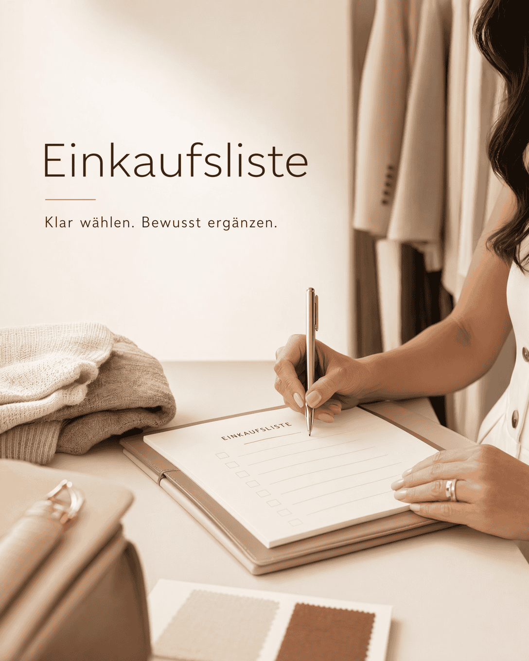 Editoriale Glossar-Grafik zu Einkaufsliste mit ruhigen Farbfeldern und feiner Linienführung