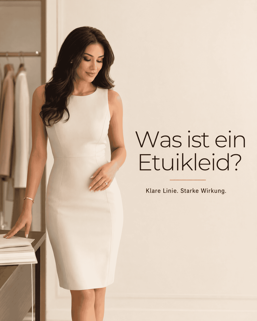 Editoriale Grafik mit stilisiertem Etuikleid, klarer schmaler Linie und ruhiger Fläche