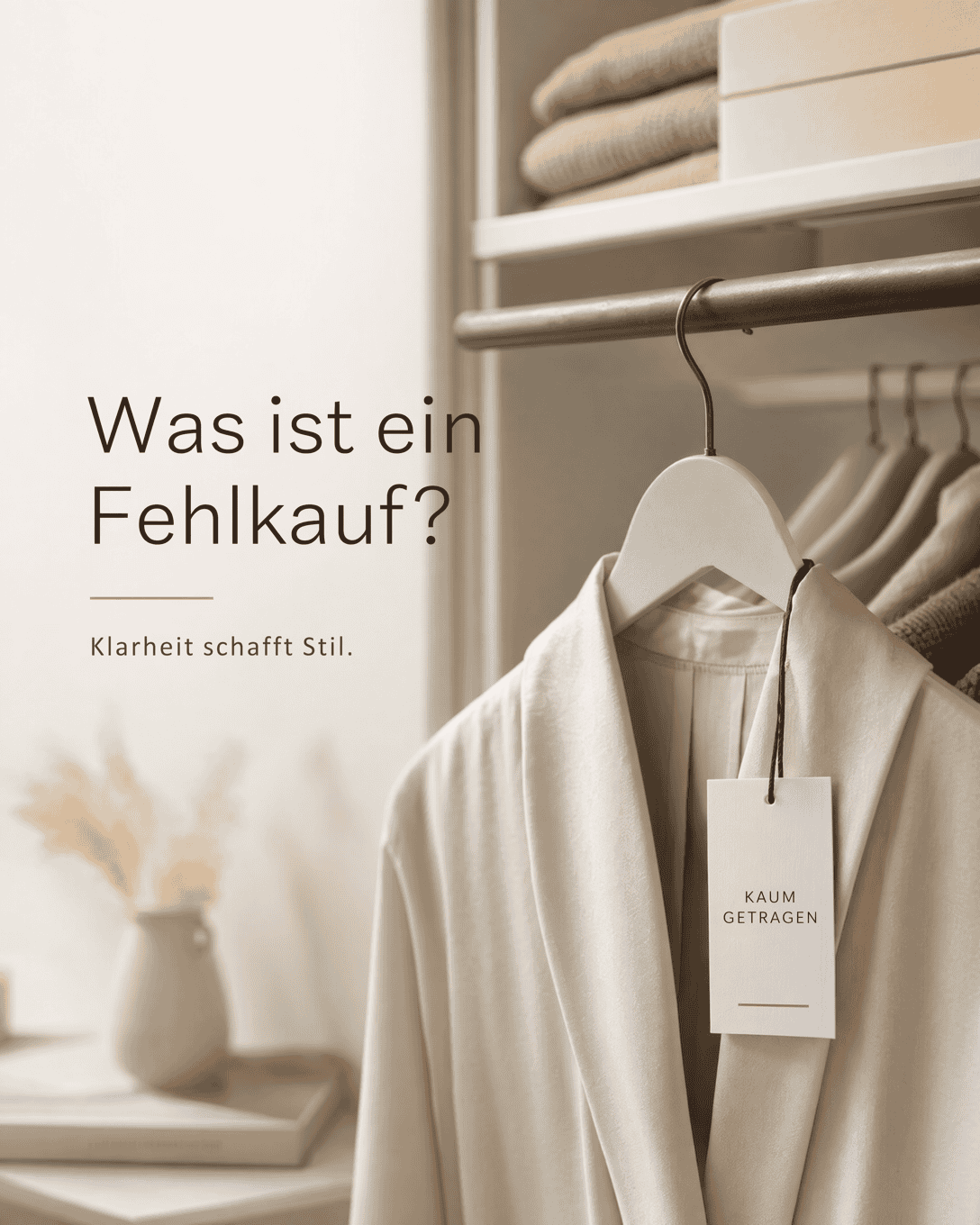 Editoriale Grafik mit leerem Kleiderbügel, markiertem Etikett und ruhiger Garderobenstruktur