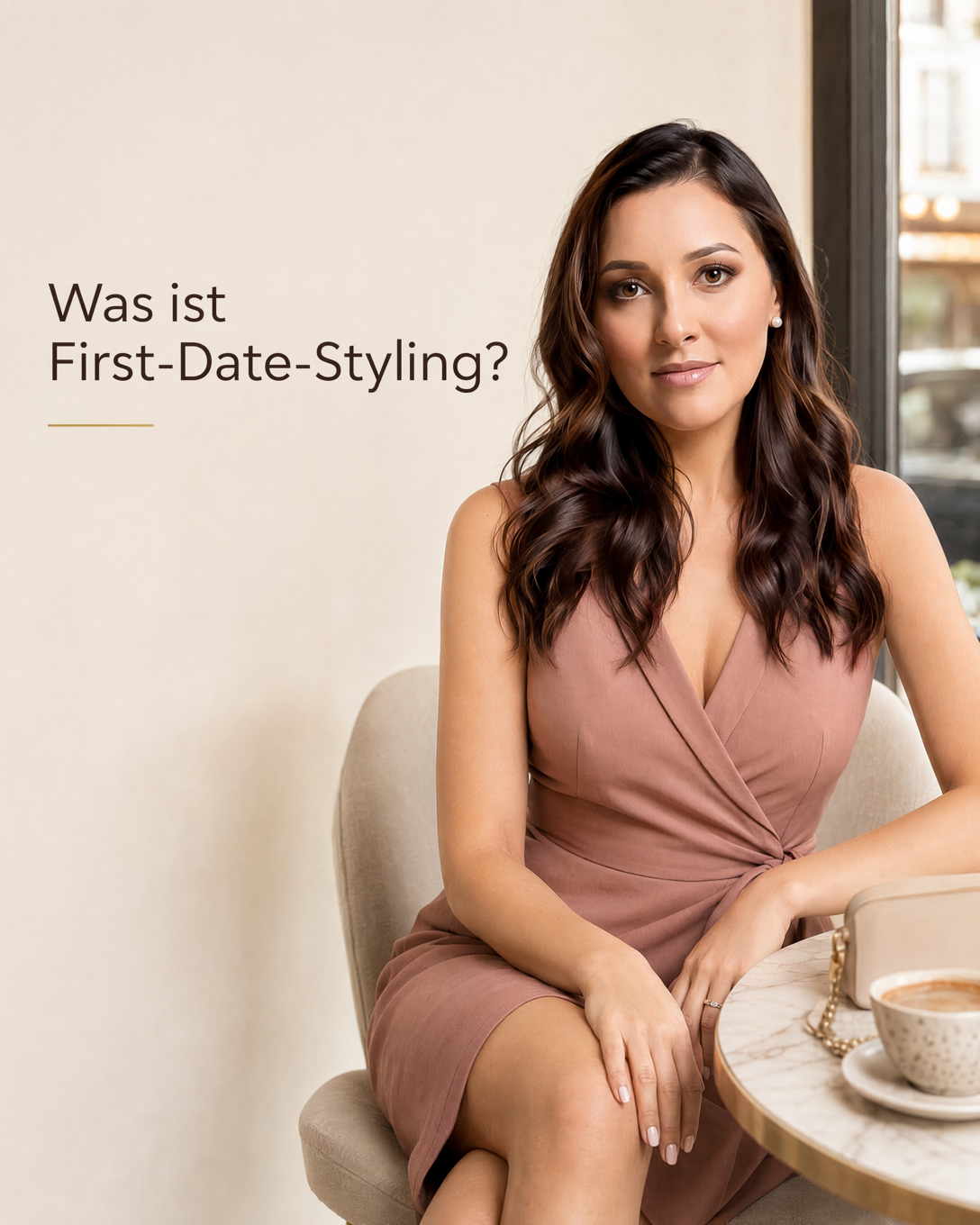 Person in einem gepflegten, entspannten Date-Outfit vor einem Café