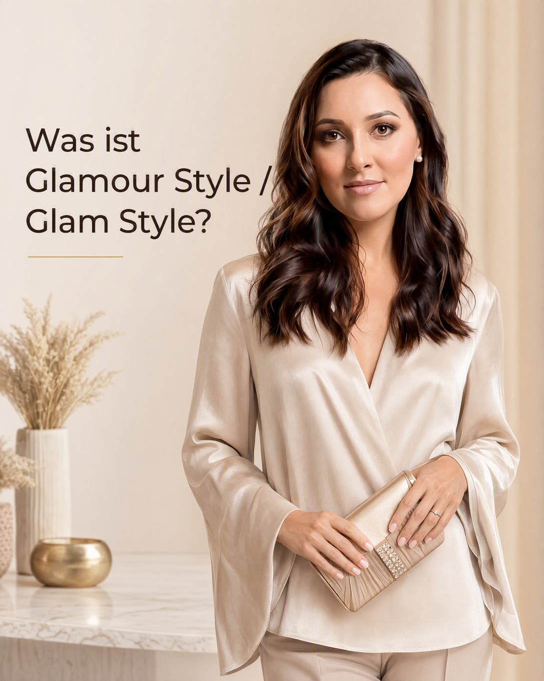 Glamouröser Abendlook mit glänzendem Kleid, Schmuck und kleiner Handtasche
