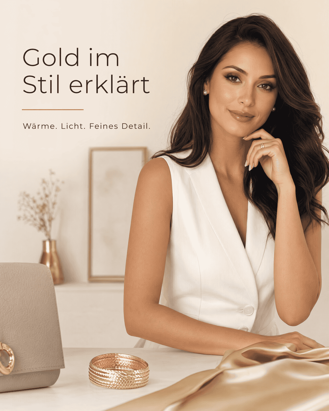 Editoriale Grafik zu Gold mit Farbfeldern, Materialflächen und ruhigen Kombinationsakzenten