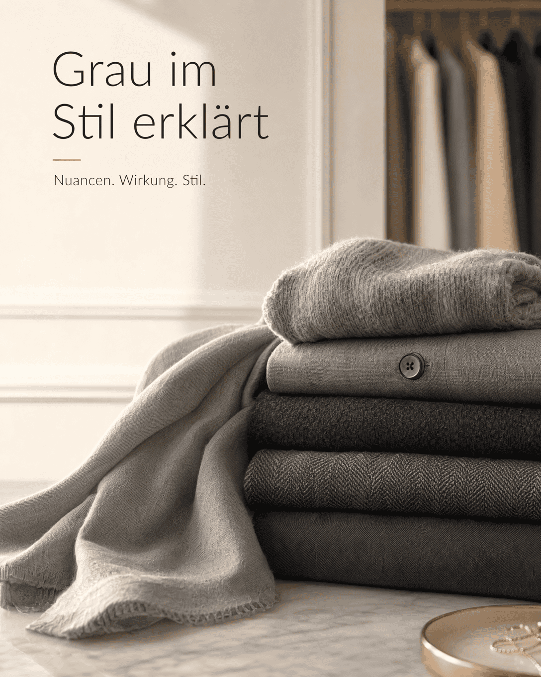 Editoriale Grafik mit Grau-Nuancen, ruhigen Farbfeldern und feiner Stoffstruktur
