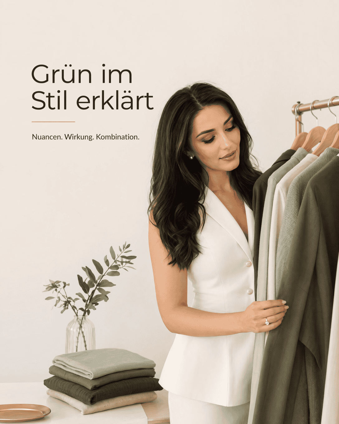 Editoriale Grafik mit Grün-Nuancen, Naturtönen und eleganten Kombinationsflächen