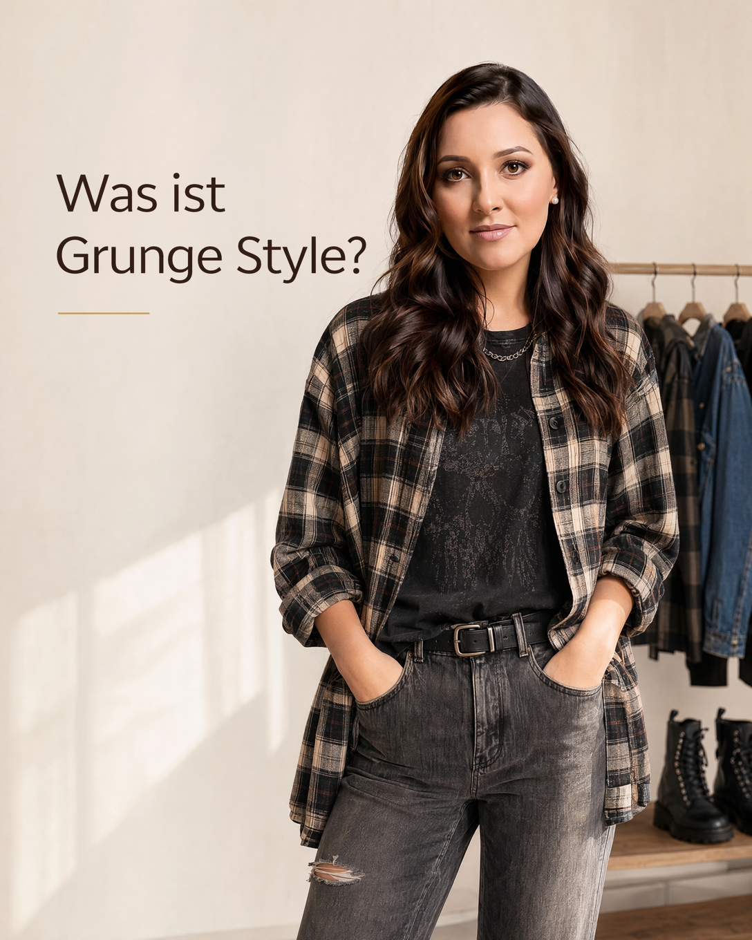 Person im Grunge Style mit kariertem Flanellhemd, verwaschener Jeans und robusten Boots