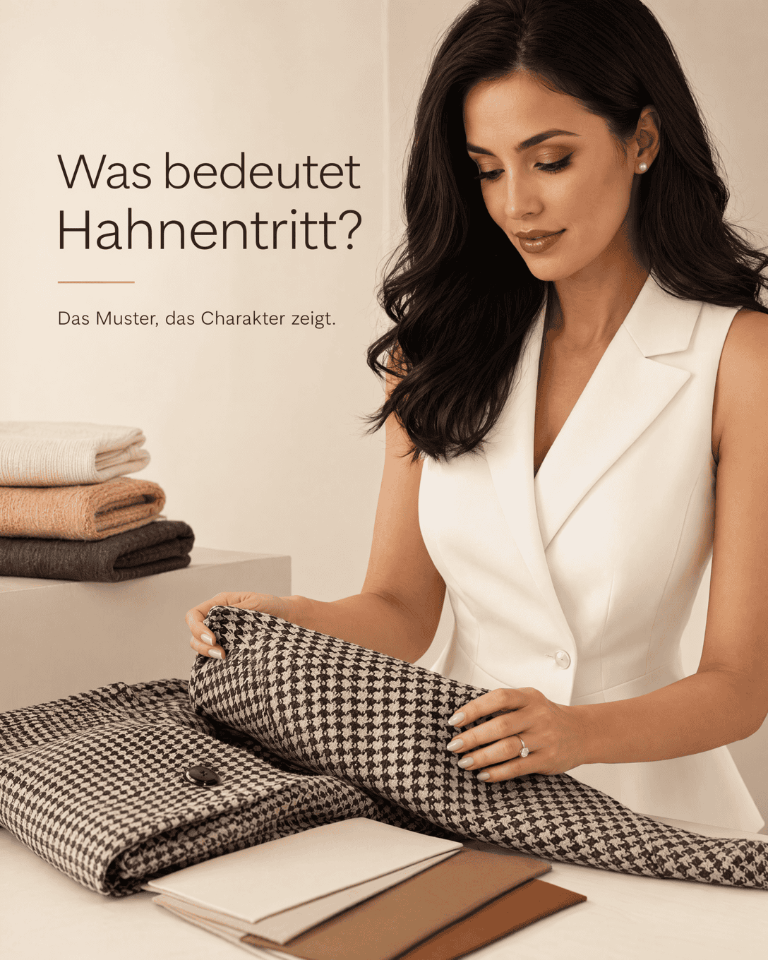 Editoriale Glossar-Grafik zu Hahnentritt mit ruhigen Farbfeldern und feiner Linienführung