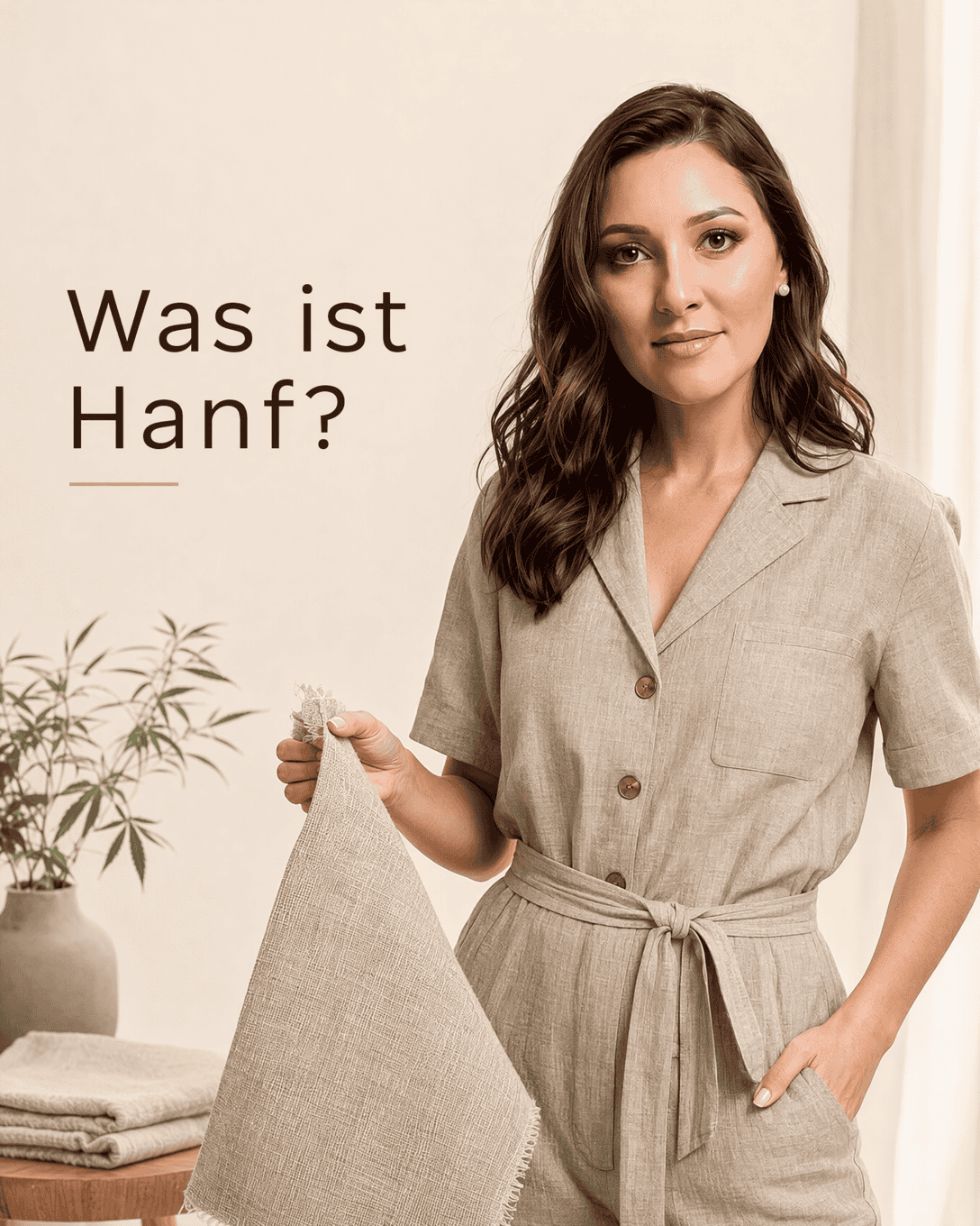 Naturfarbener Hanfstoff mit leicht unregelmäßiger, leinenähnlicher Oberflächenstruktur