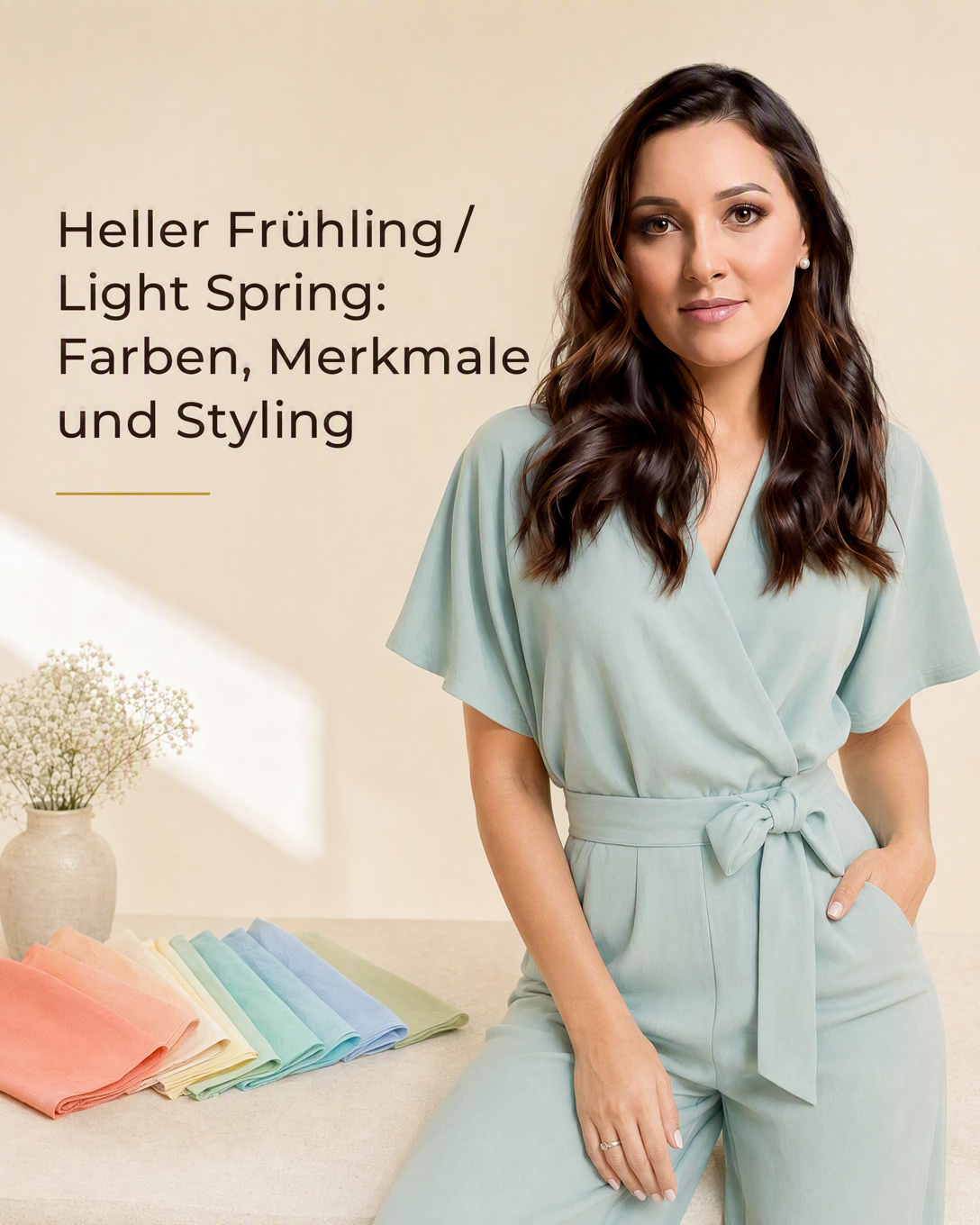 Helle Farbpalette mit warmem Apricot, Aqua, Cremeweiß und hellem Grün für den Farbtyp Heller Frühling