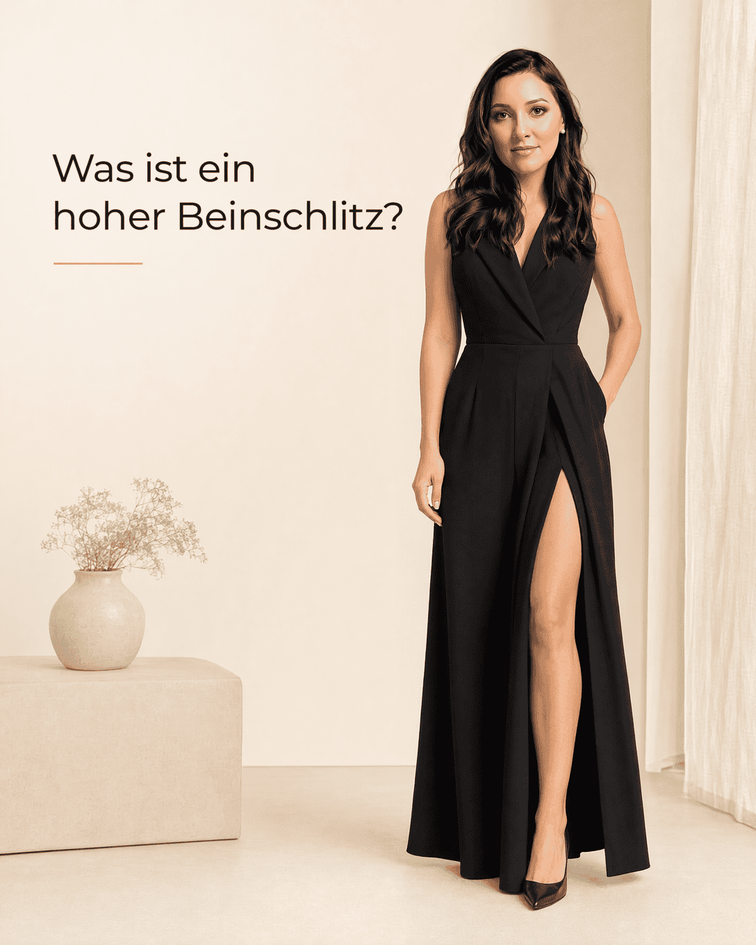 Langes schwarzes Abendkleid mit hohem seitlichem Beinschlitz und fließendem, ruhig fallendem Rockteil