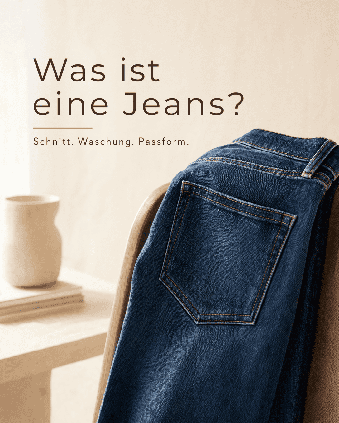 Editoriale Grafik mit stilisierter Jeans, Tasche, Nähten und Denim-Farbwelt
