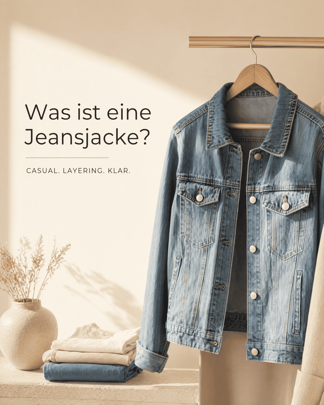Editoriale Grafik mit stilisierter Jeansjacke, Denimnaht und Brusttaschen