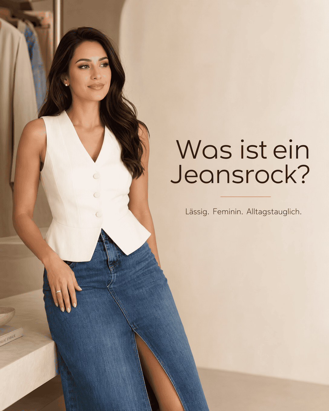 Editoriale ESKYNA Grafik zum Glossarbegriff Jeansrock mit ruhigen Formen und feinen Farbfeldern